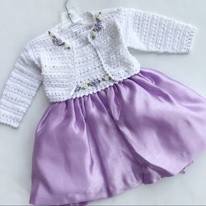 Crocheted knit white and purple occasion dress